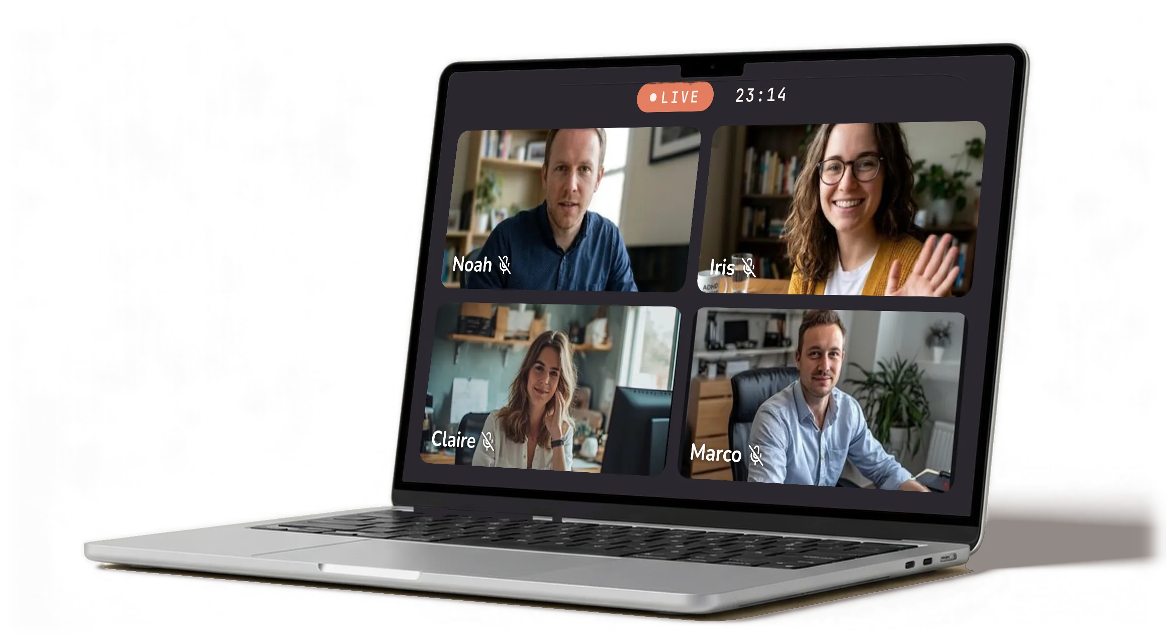A Task Party live session on a laptop: four people in their own rooms, muted, with the timer running