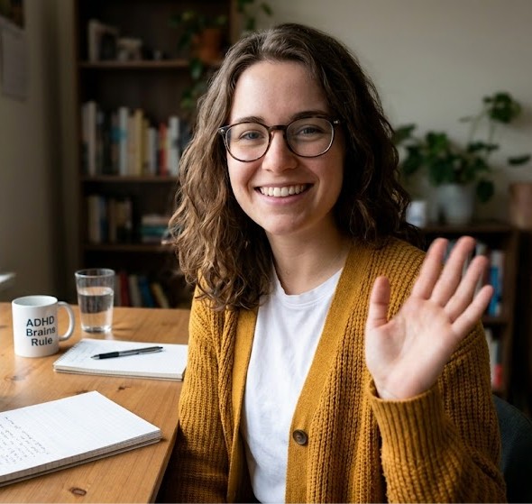 Iris at her desk waving